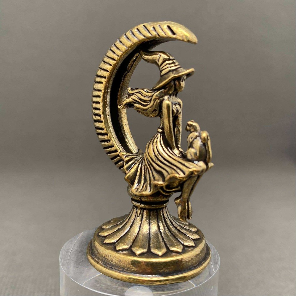 Brass Witch Cat Crescent Moon Figurine Familiar Altar Witchcraft Mystical Decor